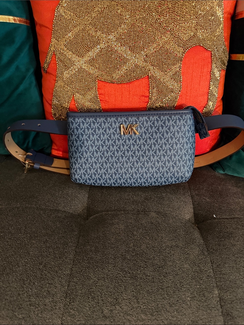 Michael Kors Blue MK Logo Belt Bag with Gold Hardware